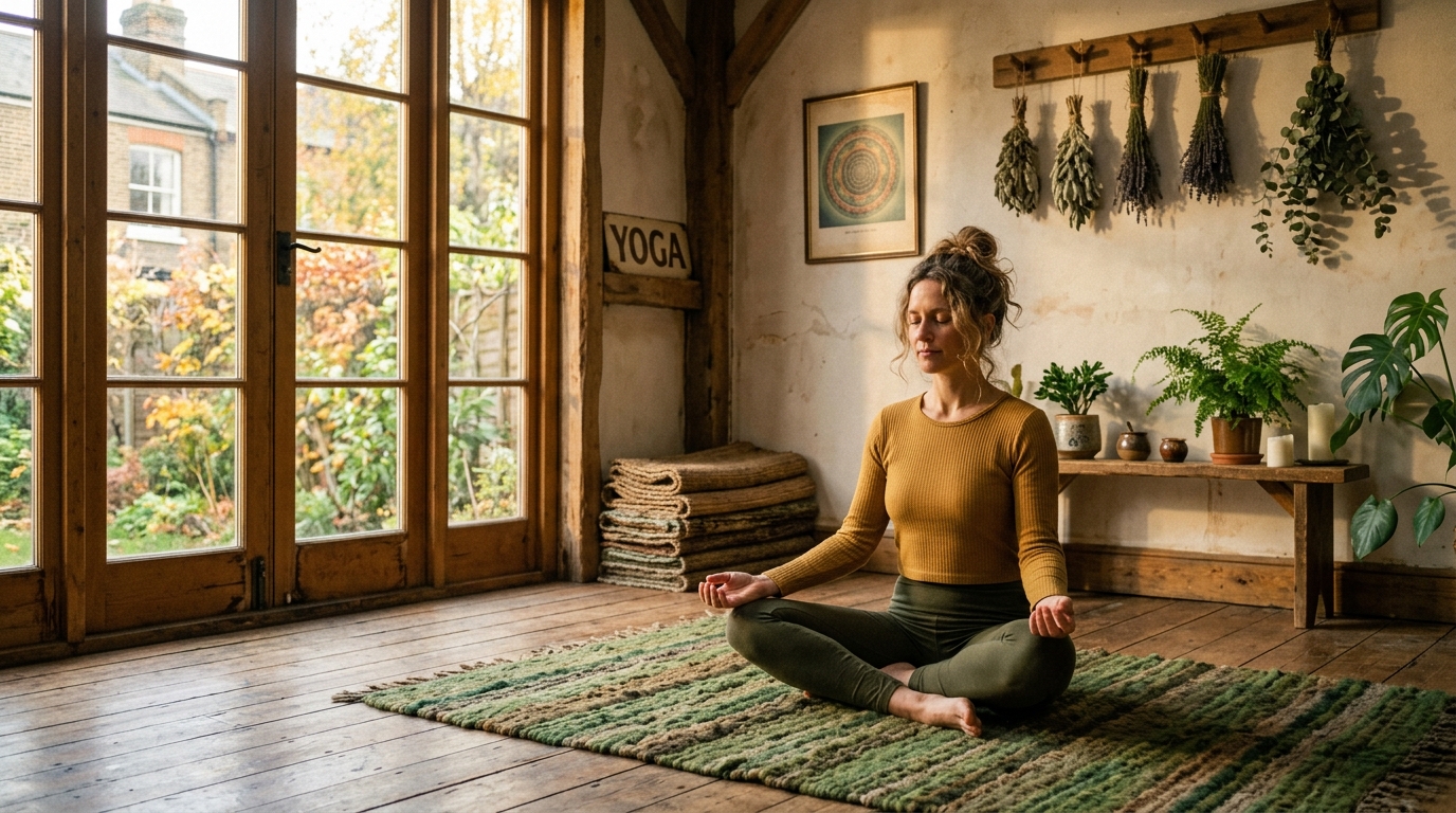 Practicant de yoga într-un studio cu lumină caldă de dimineață
